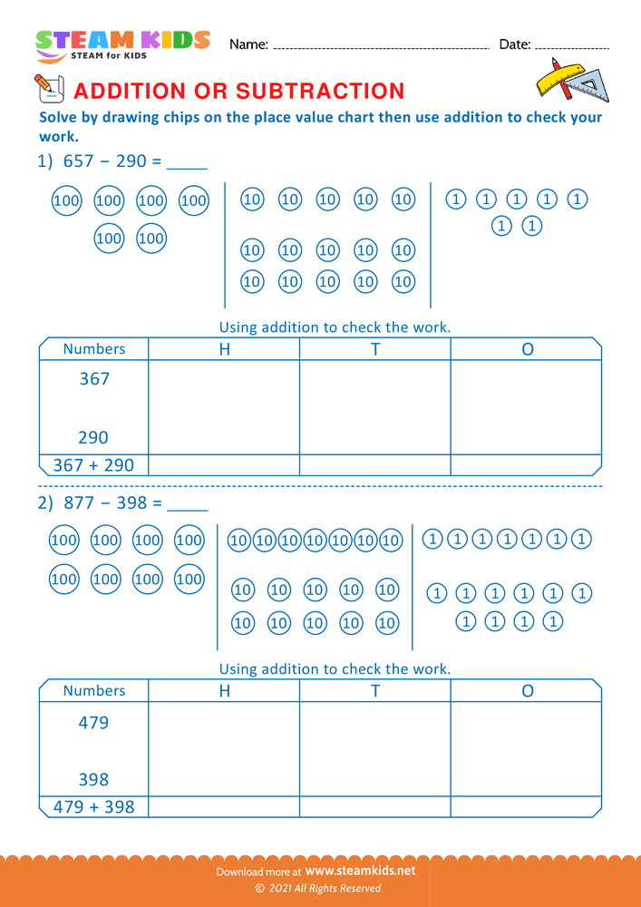 Free Math Worksheet - Solve drawing chips on place value chart  - Worksheet 14