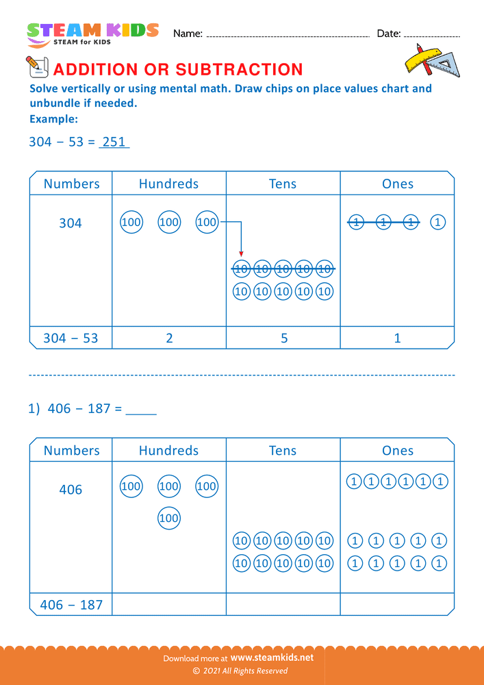 Free Math Worksheet - Solve drawing chips on place value chart  - Worksheet 17