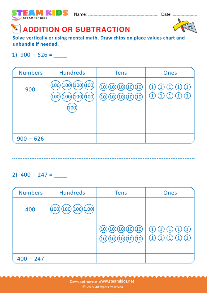 Free Math Worksheet - Solve drawing chips on place value chart  - Worksheet 19