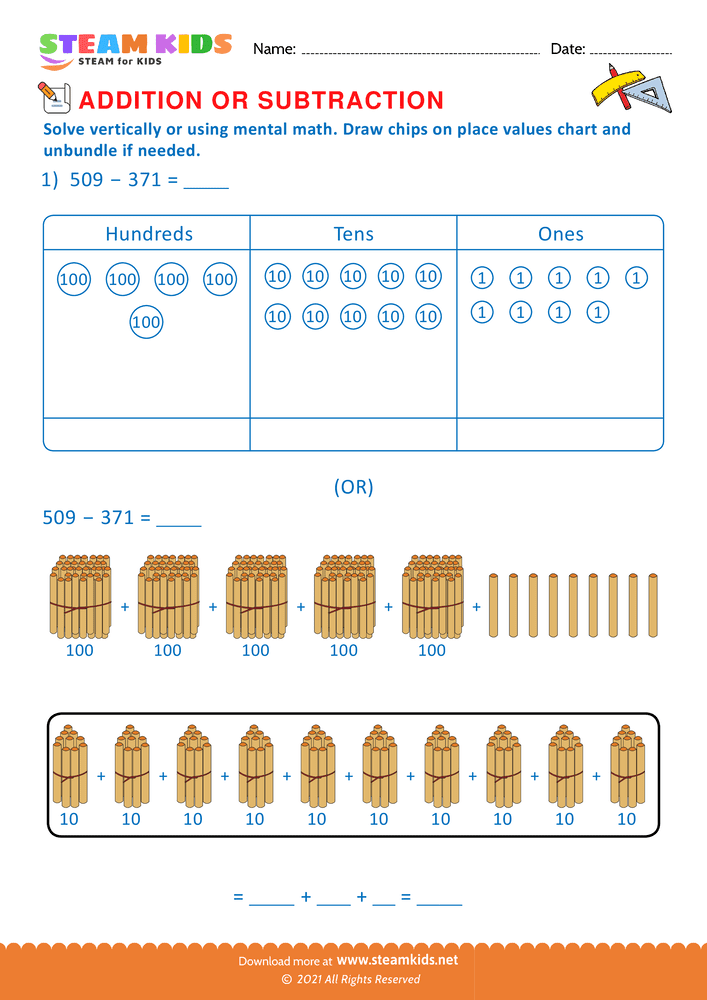 Free Math Worksheet - Solve drawing chips on place value chart  - Worksheet 23