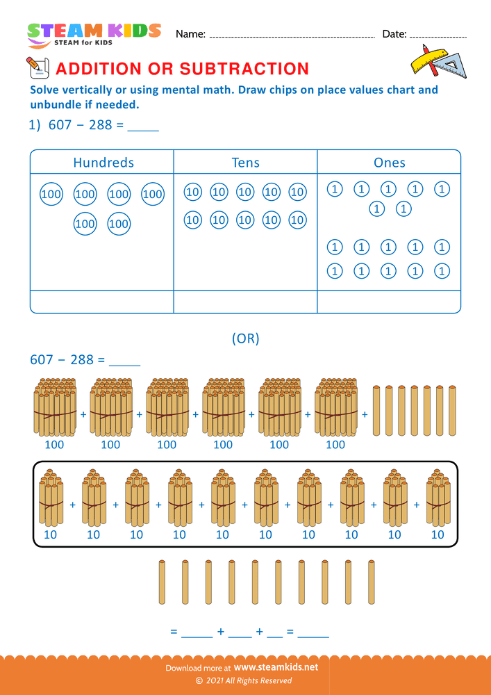 Free Math Worksheet - Solve drawing chips on place value chart  - Worksheet 24