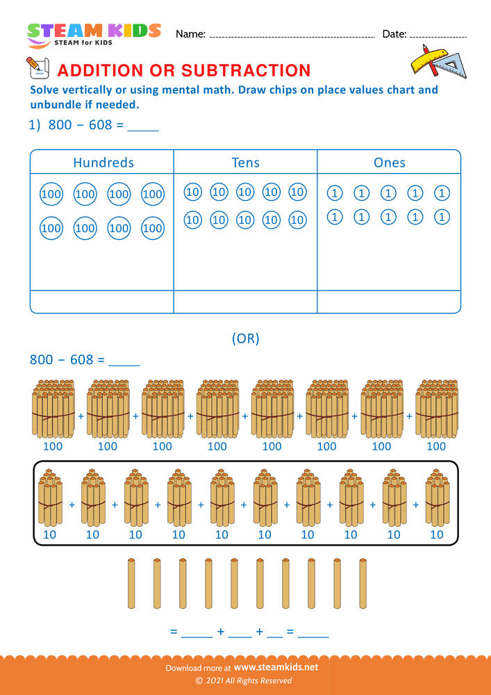 Free Math Worksheet - Solve drawing chips on place value chart  - Worksheet 25