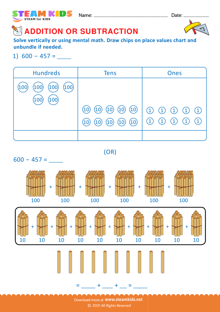 Free Math Worksheet - Solve drawing chips on place value chart  - Worksheet 27