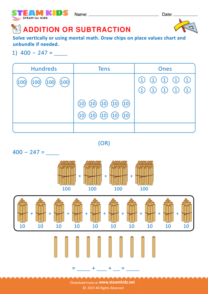 Free Math Worksheet - Solve drawing chips on place value chart  - Worksheet 29