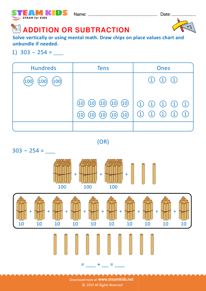 Free Math Worksheet - Solve drawing chips on place value chart  - Worksheet 34