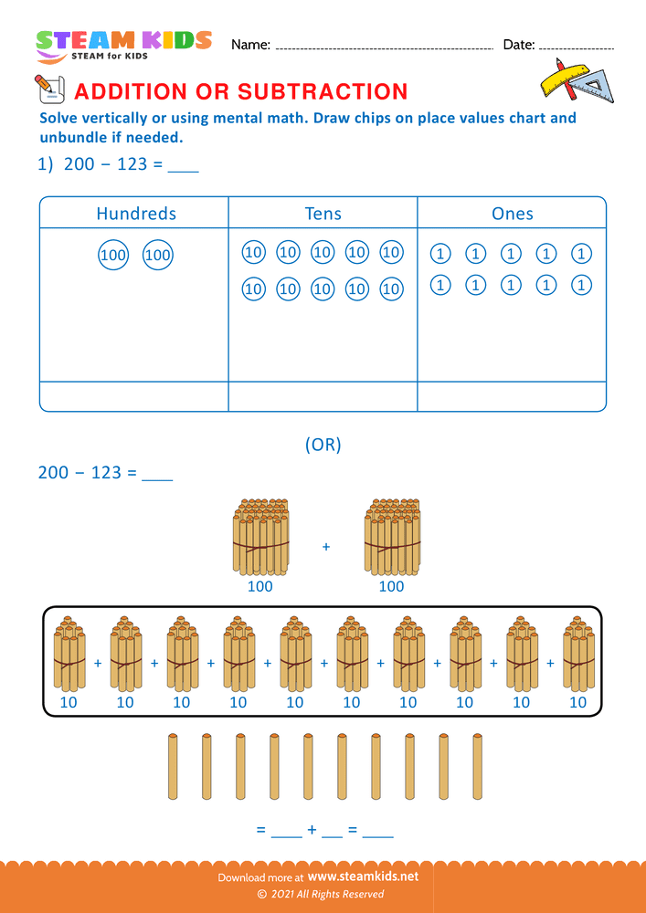 Free Math Worksheet - Solve drawing chips on place value chart  - Worksheet 35