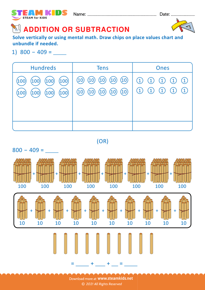 Free Math Worksheet - Solve drawing chips on place value chart  - Worksheet 38