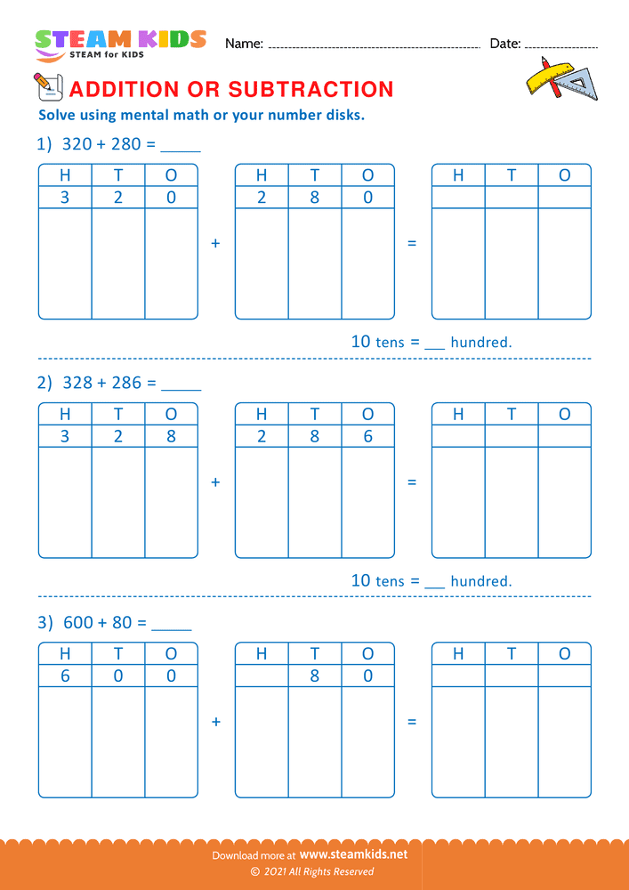 Free Math Worksheet - Addition or subtraction - Worksheet 55