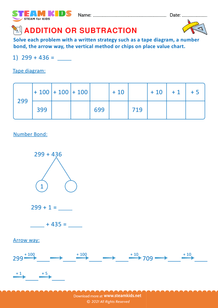 Free Math Worksheet - Addition or subtraction - Worksheet 100
