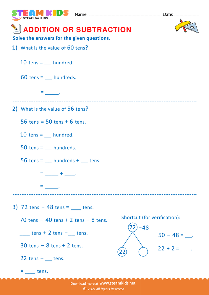 Free Math Worksheet - Addition or subtraction - Worksheet 120