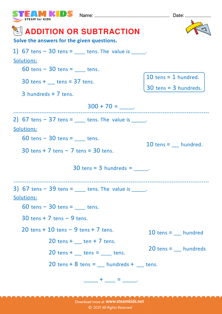 Free Math Worksheet - Addition or subtraction - Worksheet 121