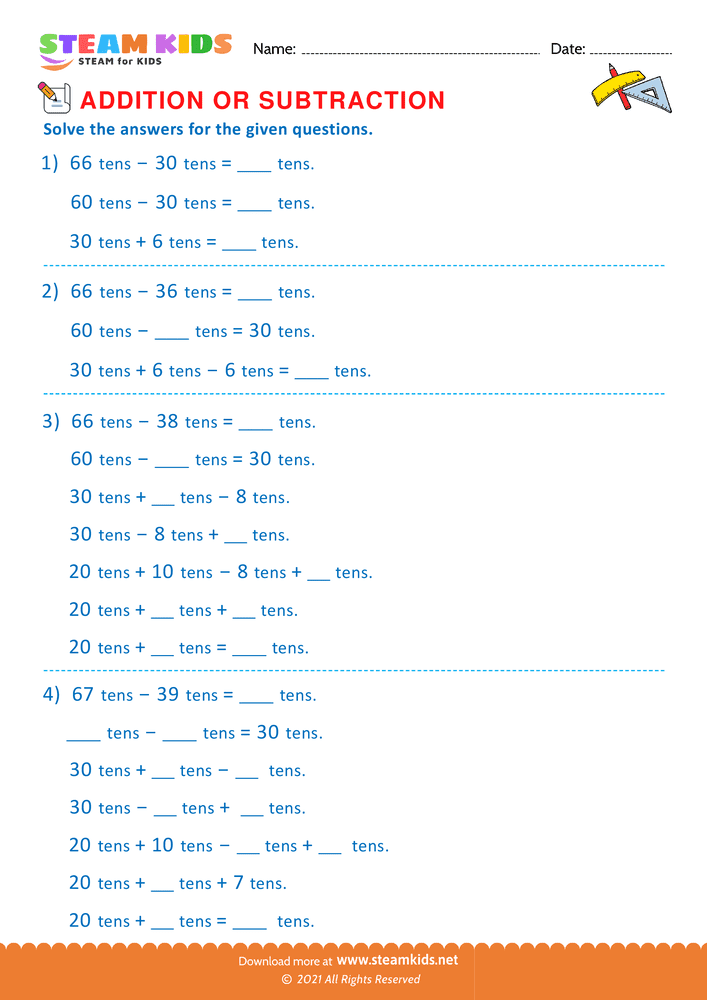 Free Math Worksheet - Addition or subtraction - Worksheet 122