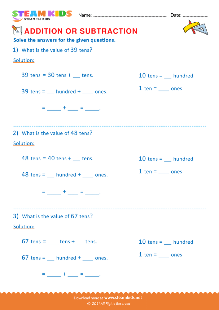 Free Math Worksheet - Addition or subtraction - Worksheet 124