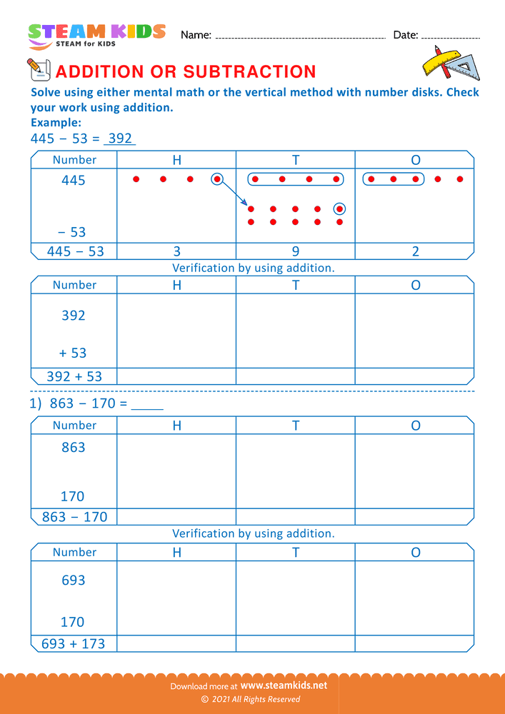 Free Math Worksheet - Addition or subtraction - Worksheet 172