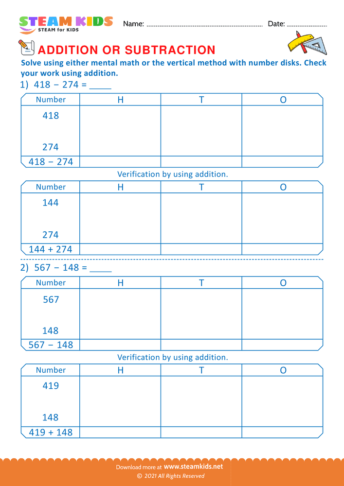 Free Math Worksheet - Addition or subtraction - Worksheet 174