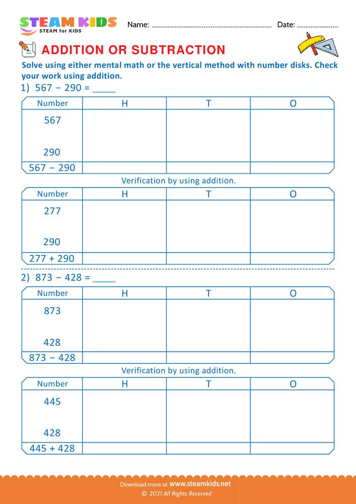 Free Math Worksheet - Addition or subtraction - Worksheet 3