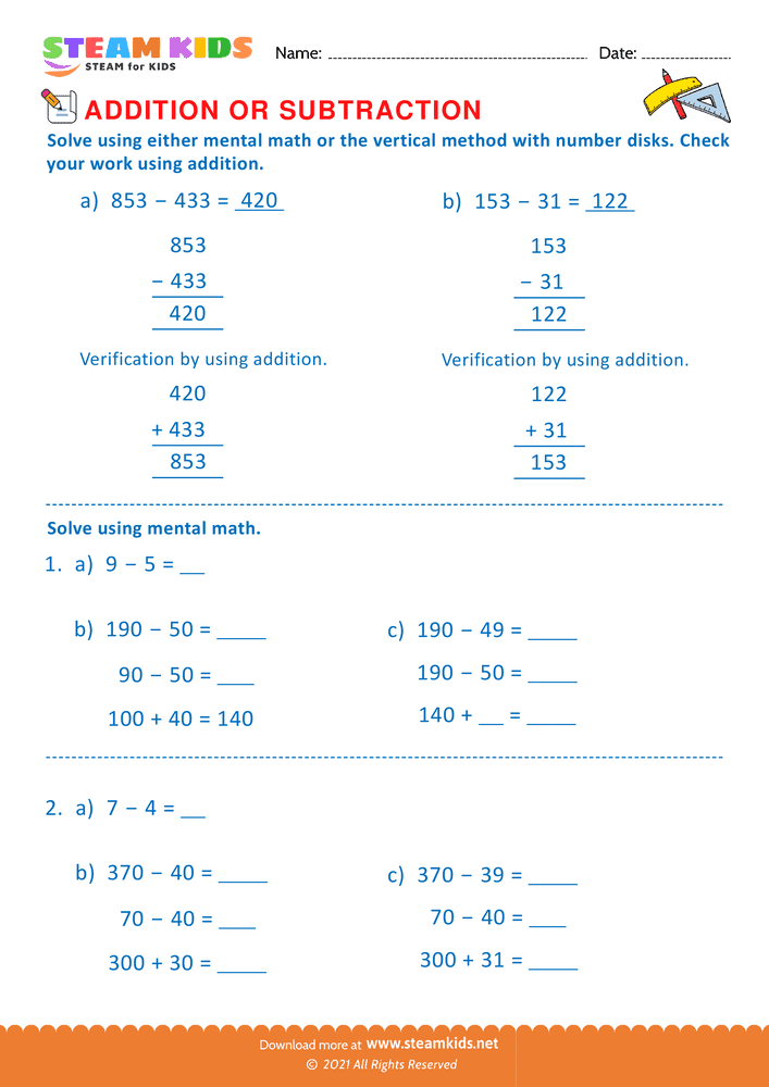 Free Math Worksheet - Addition or subtraction - Worksheet 5