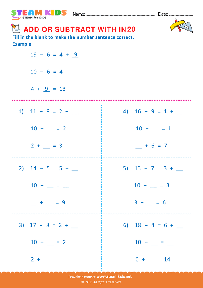 Free Math Worksheet - Add or Subtract With in 20 - Worksheet 1