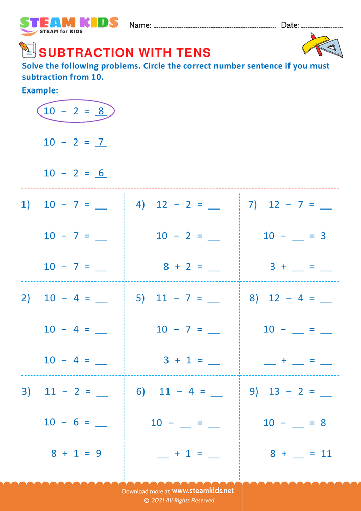 Free Math Worksheet - Subtraction with Tens - Worksheet 1