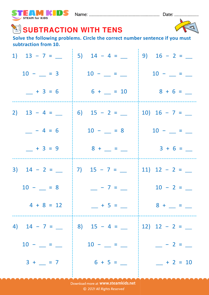 Free Math Worksheet - Subtraction with Tens - Worksheet 2