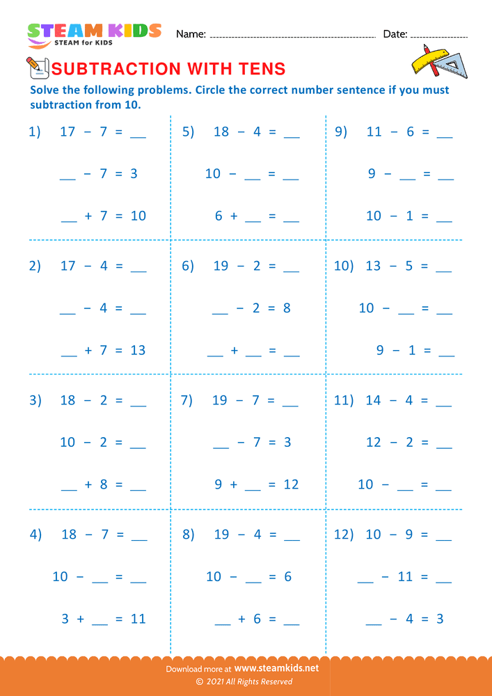 Free Math Worksheet - Subtraction with Tens - Worksheet 3