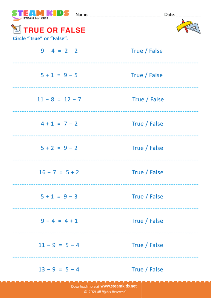 Free Math Worksheet - Circle true or false - Worksheet 1