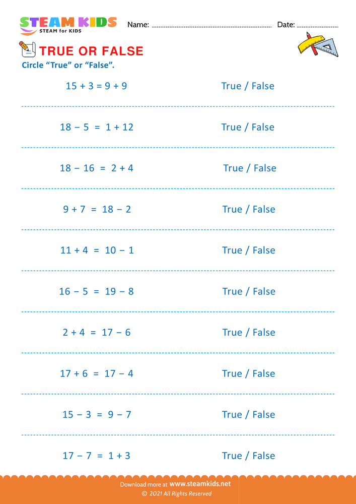 Free Math Worksheet - Circle true or false - Worksheet 2