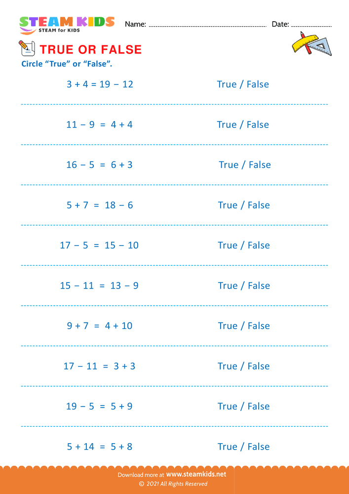 Free Math Worksheet - Circle true or false - Worksheet 3