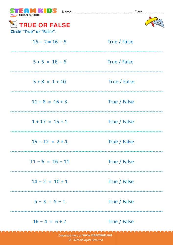 Free Math Worksheet - Circle true or false - Worksheet 4