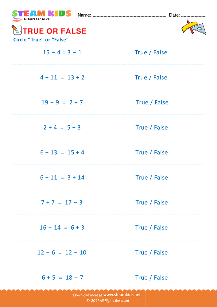 Free Math Worksheet - Circle true or false - Worksheet 5