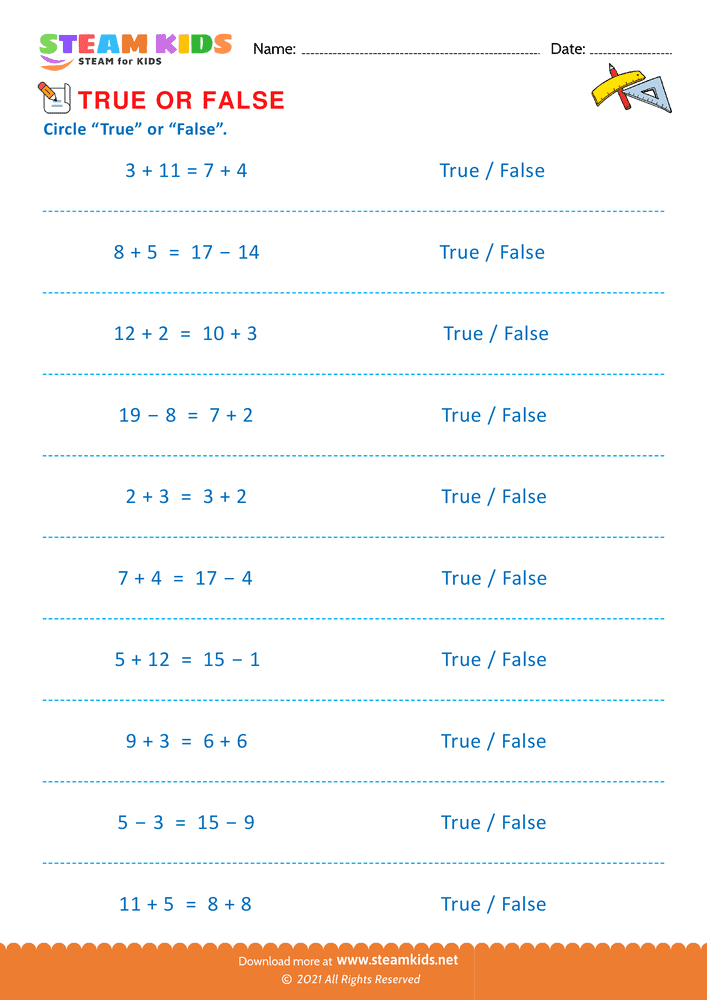 Free Math Worksheet - Circle true or false - Worksheet 6