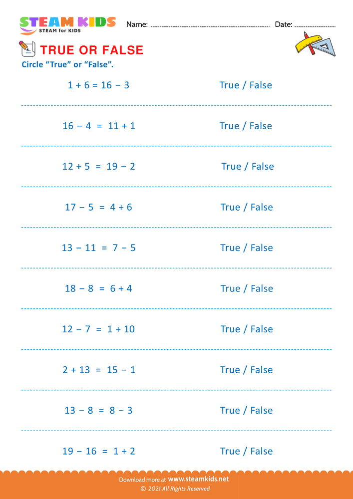 Free Math Worksheet - Circle true or false - Worksheet 7