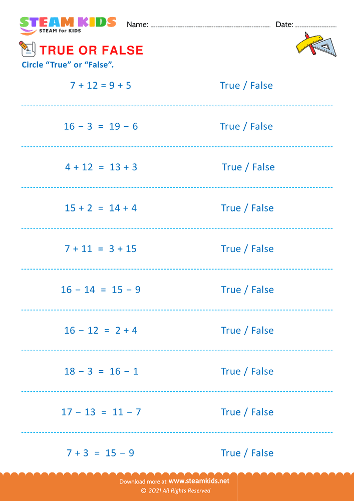 Free Math Worksheet - Circle true or false - Worksheet 8