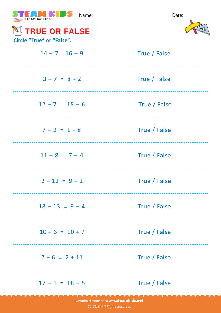 Free Math Worksheet - Circle true or false - Worksheet 9