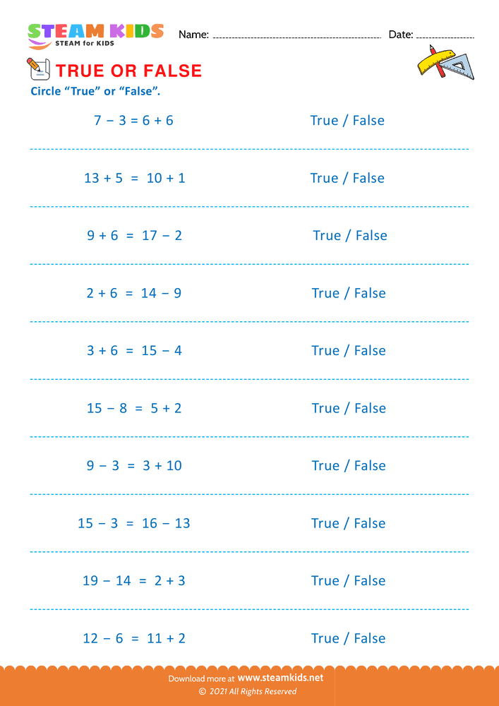 Free Math Worksheet - Circle true or false - Worksheet 13