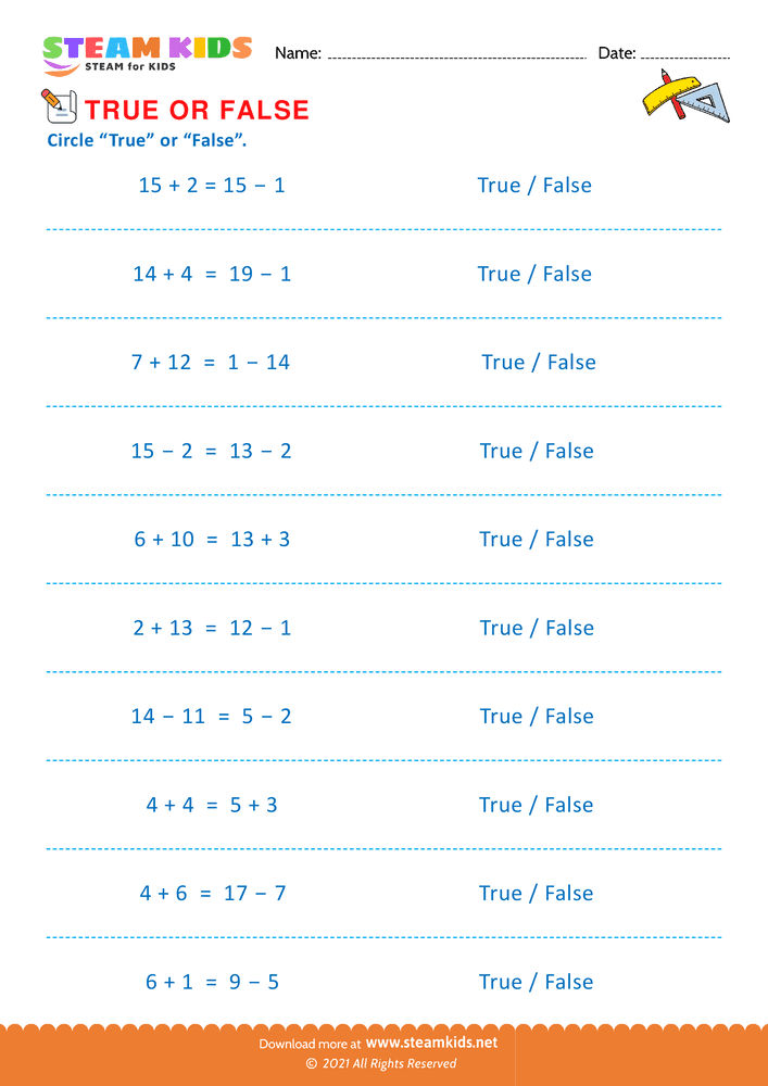 Free Math Worksheet - Circle true or false - Worksheet 15