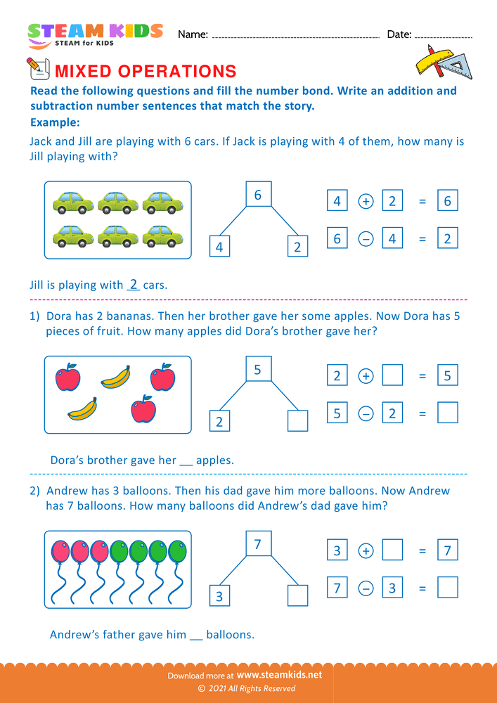 Free Math Worksheet - Mixed operations upto 10 - Worksheet 1