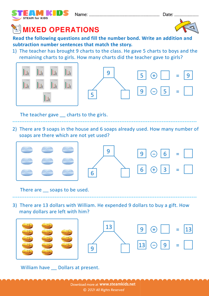 Free Math Worksheet - Mixed operations upto 10 - Worksheet 2