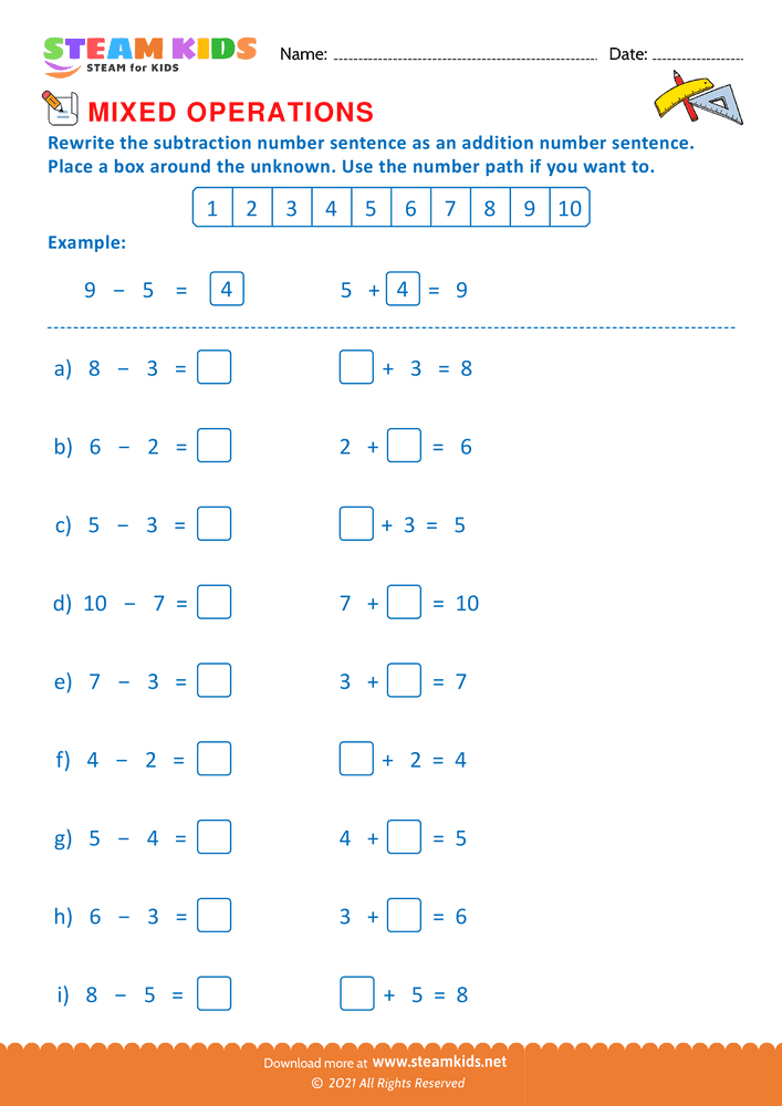 Free Math Worksheet - Mixed operations upto 10 - Worksheet 8