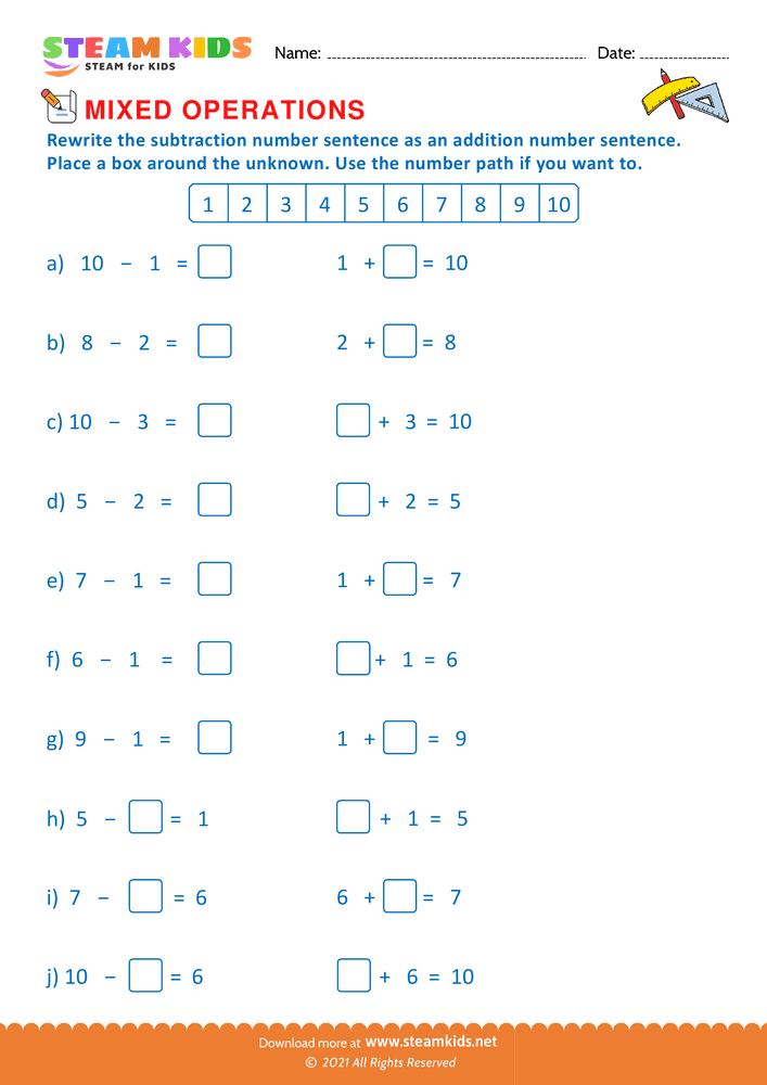 Free Math Worksheet - Mixed operations upto 10 - Worksheet 9
