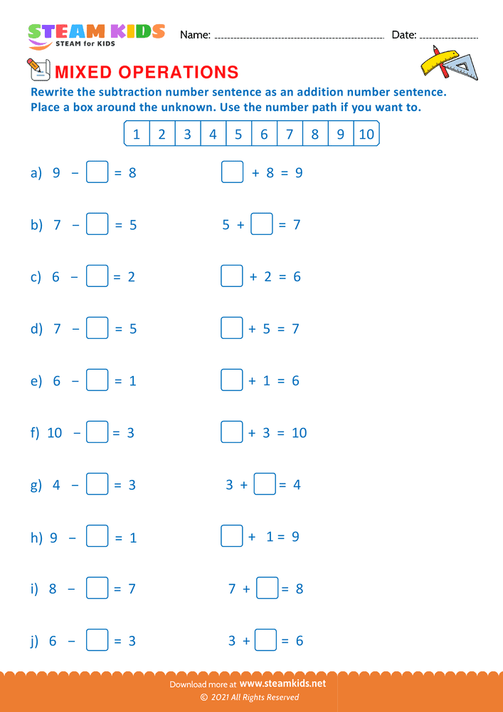 Free Math Worksheet - Mixed operations upto 10 - Worksheet 10