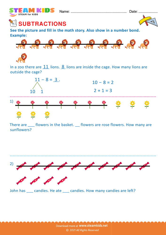 Free Math Worksheet - Picture and fill in the math story - Worksheet 1