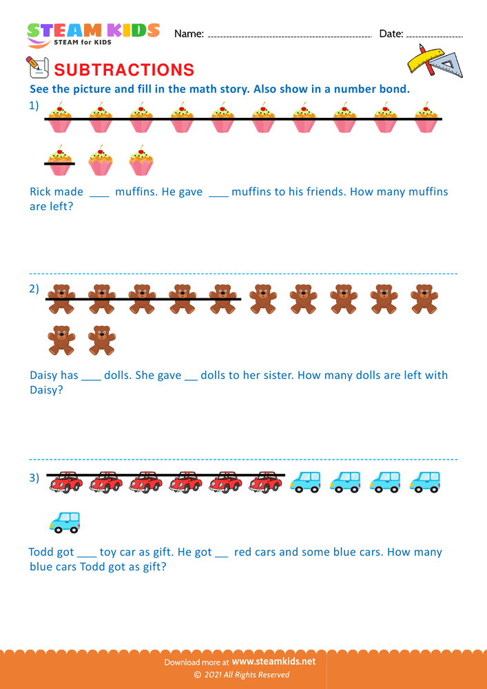 Free Math Worksheet - Picture and fill in the math story - Worksheet 2