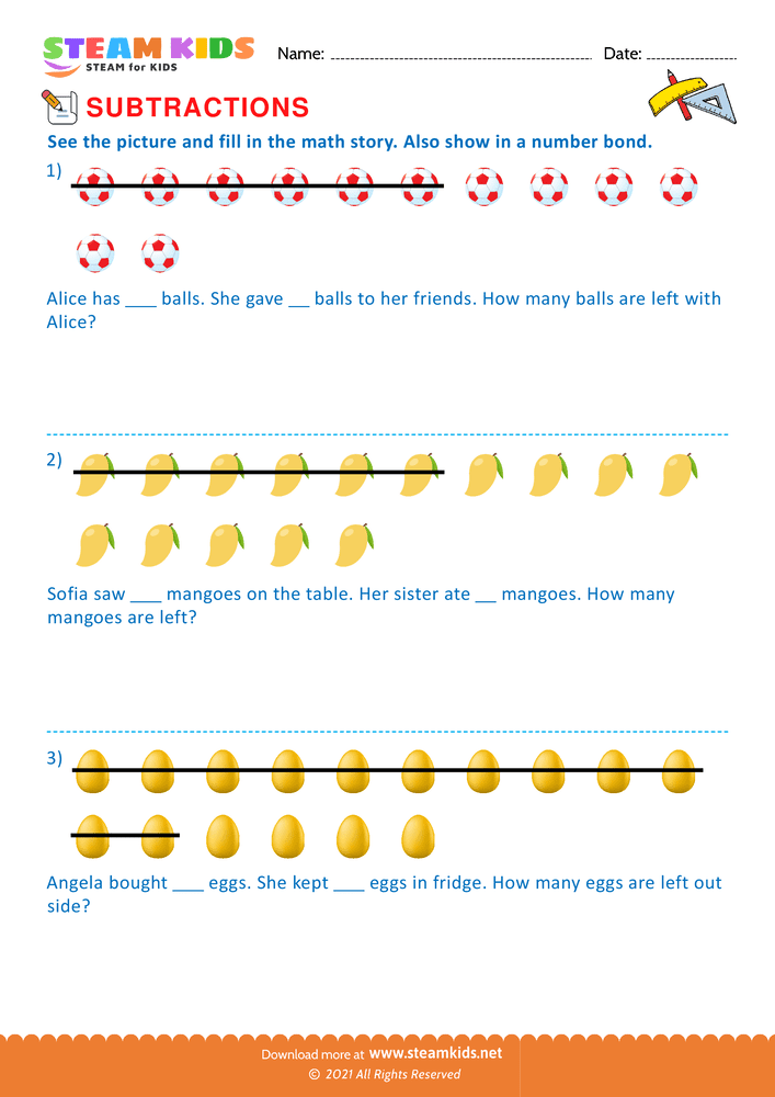 Free Math Worksheet - Picture and fill in the math story - Worksheet 3