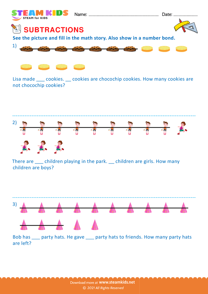 Free Math Worksheet - Picture and fill in the math story - Worksheet 6