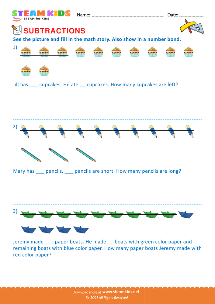 Free Math Worksheet - Picture and fill in the math story - Worksheet 7