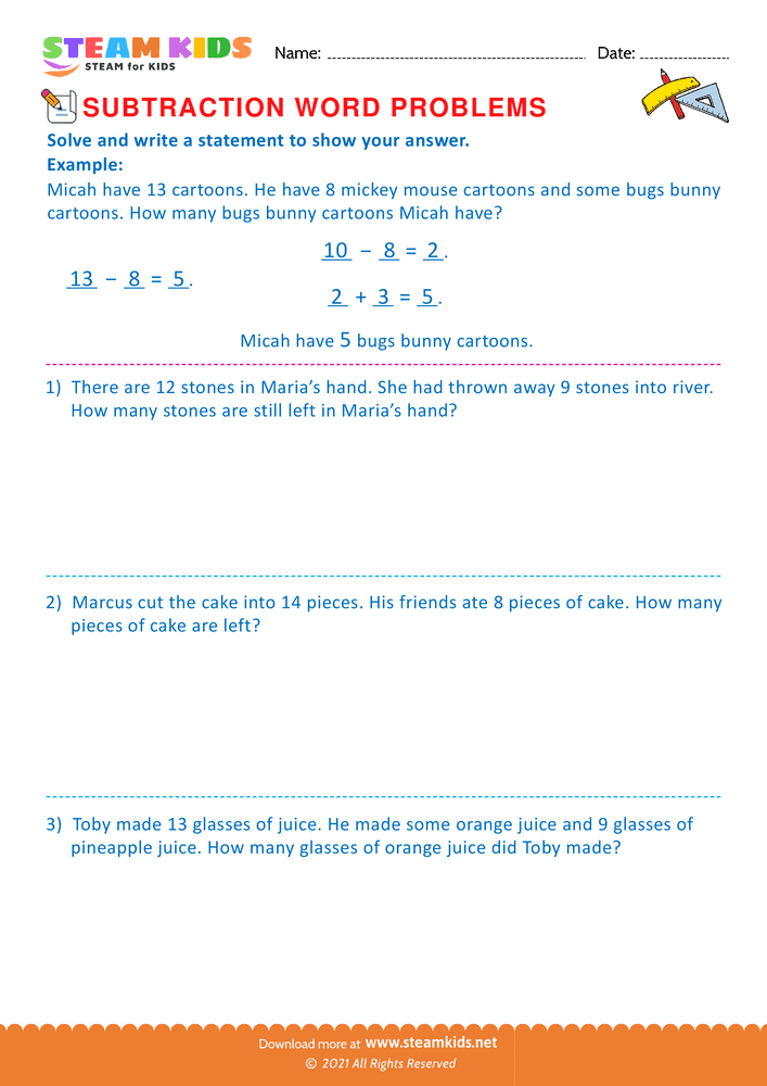 Free Math Worksheet - Solve and write a statement - Worksheet 1
