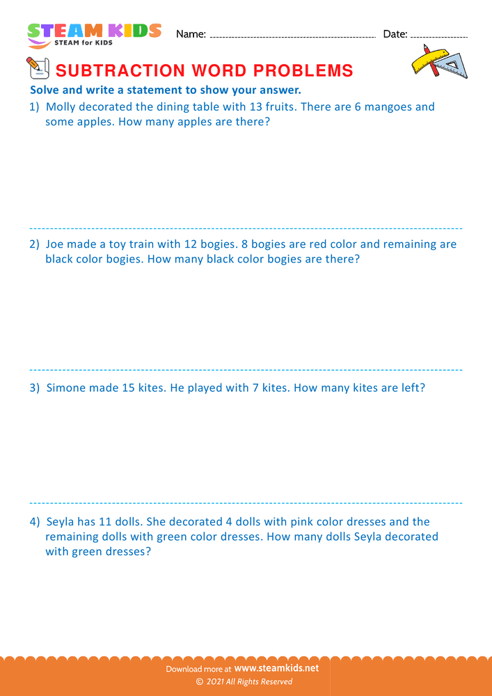 Free Math Worksheet - Solve and write a statement - Worksheet 3