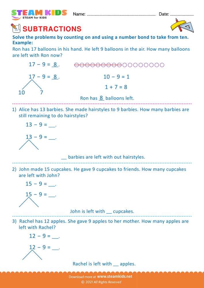 Free Math Worksheet - Counting on and number bond method - Worksheet 1