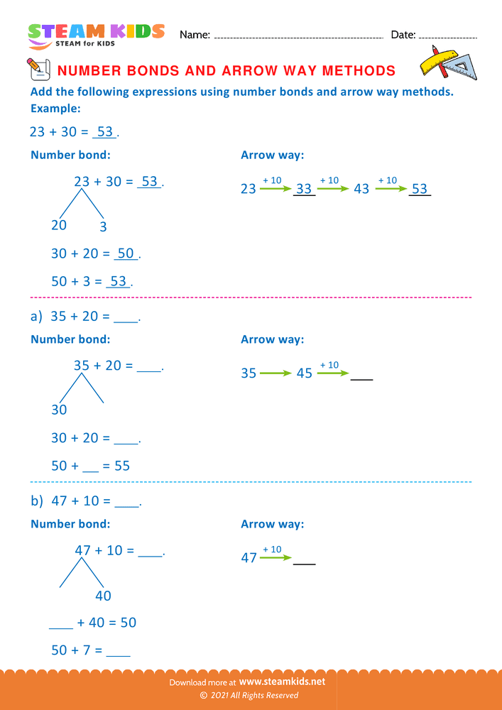 Free Math Worksheet - Arrow way and number bond method - Worksheet 1